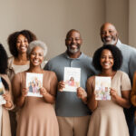 A family gathered around a table, laughing and holding greeting cards.